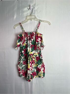 Girls Floral Off-Shoulder Romper in White, Pink & Green